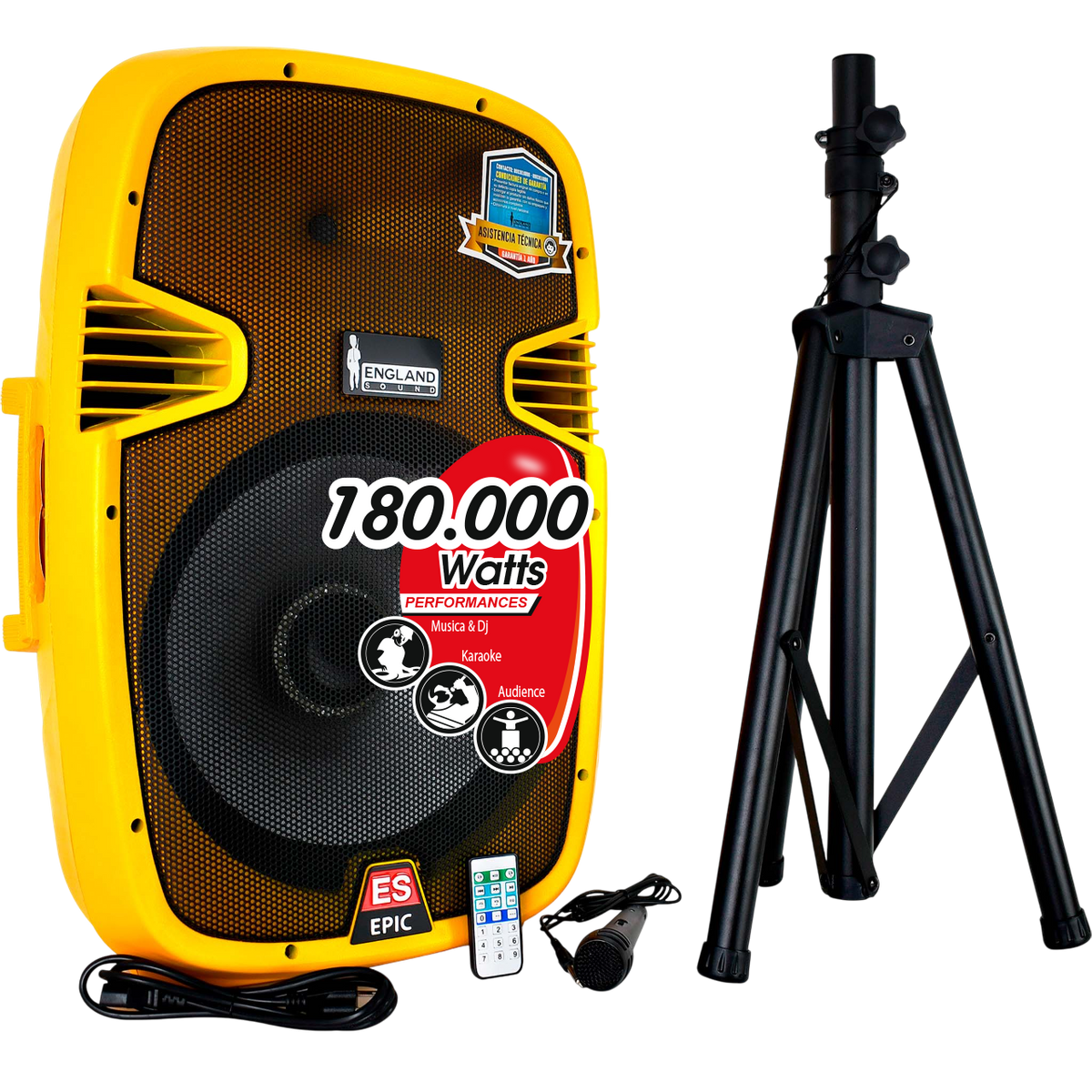 CAJA AMPLIFICADA 15 PULG. COLOR AMARILLO, 180.000W PMOP,  1 MIC 1/4 Y XLR, BASS & TREBLE, ENTRADA  XLR, RCA, SALIDA XLRS Y SPEAKON INCLUYE MICROFONO Y PEDESTAL
