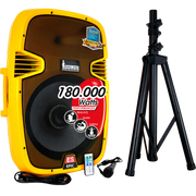 CAJA AMPLIFICADA 15 PULG. COLOR AMARILLO, 180.000W PMOP,  1 MIC 1/4 Y XLR, BASS & TREBLE, ENTRADA  XLR, RCA, SALIDA XLRS Y SPEAKON INCLUYE MICROFONO Y PEDESTAL