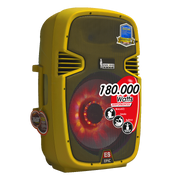 CAJA AMPLIFICADA 15 PULG. COLOR AMARILLO, 180.000W PMOP,  1 MIC 1/4 Y XLR, BASS & TREBLE, ENTRADA  XLR, RCA, SALIDA XLRS Y SPEAKON INCLUYE MICROFONO Y PEDESTAL