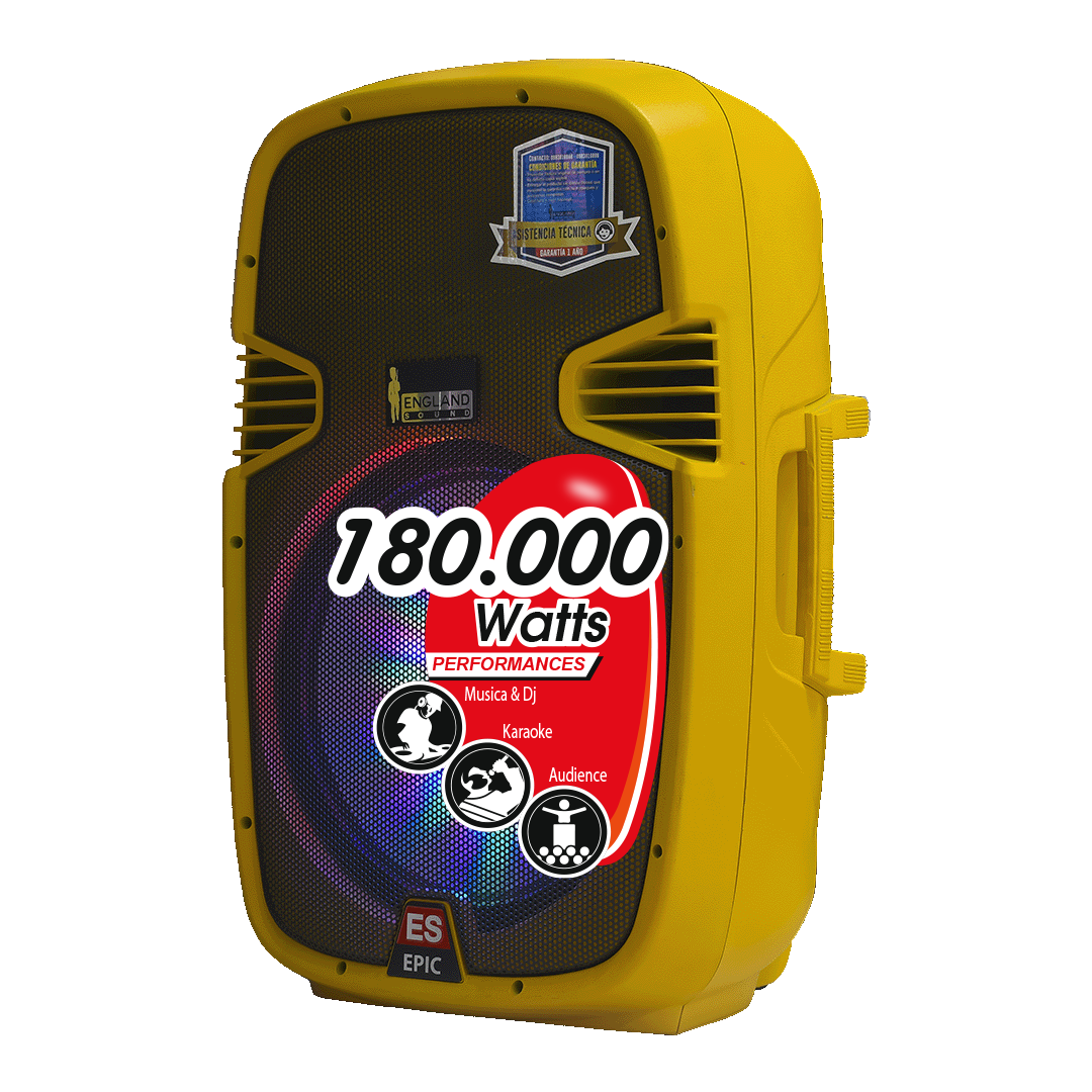 CAJA AMPLIFICADA 15 PULG. COLOR AMARILLO, 180.000W PMOP,  1 MIC 1/4 Y XLR, BASS & TREBLE, ENTRADA  XLR, RCA, SALIDA XLRS Y SPEAKON INCLUYE MICROFONO Y PEDESTAL