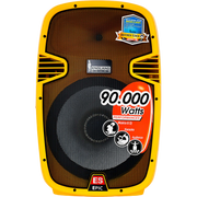 CAJA AMPLIFICADA 15 PULG. COLOR AMARILLO, 180.000W PMOP,  1 MIC 1/4 Y XLR, BASS & TREBLE, ENTRADA  XLR, RCA, SALIDA XLRS Y SPEAKON INCLUYE MICROFONO Y PEDESTAL