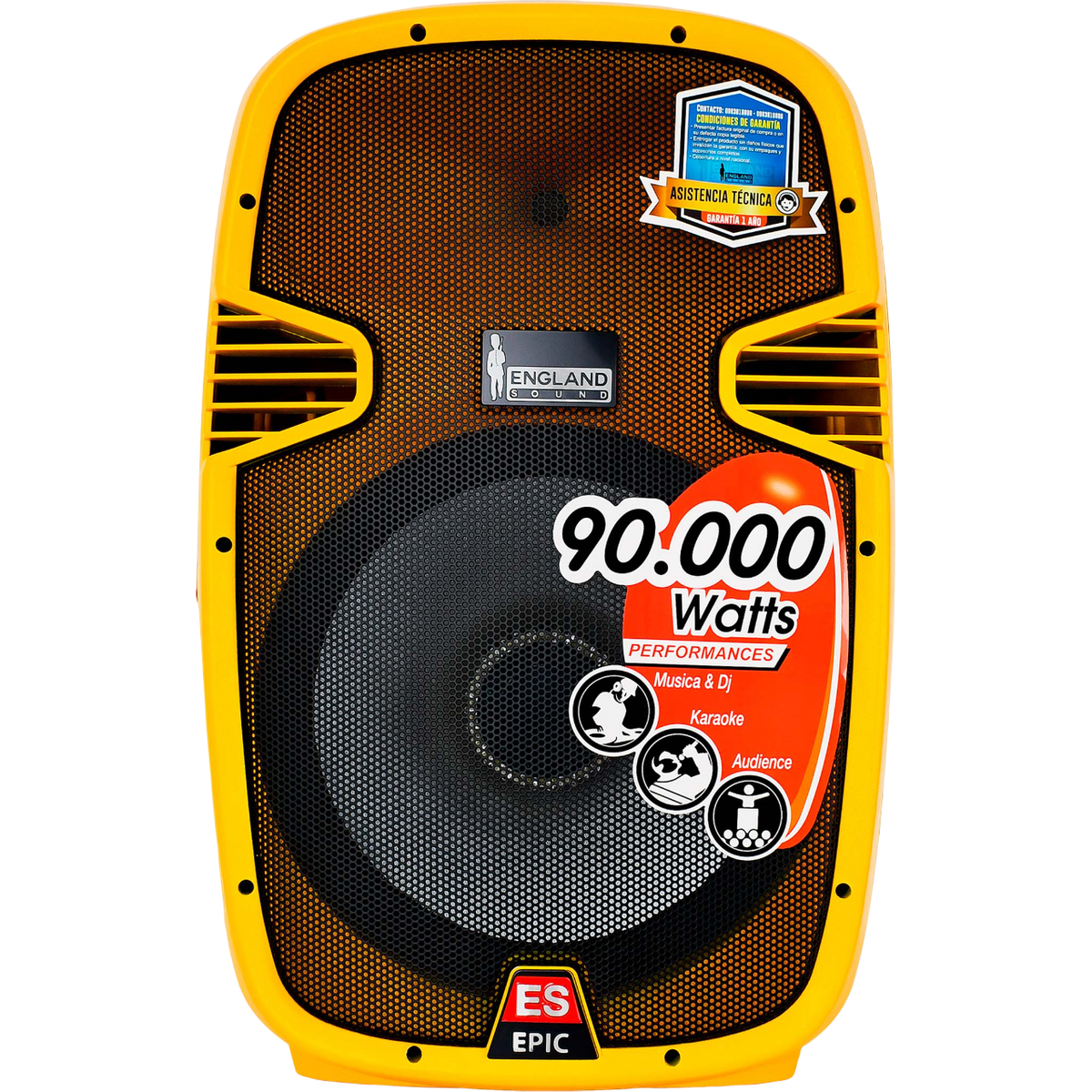 CAJA AMPLIFICADA 15 PULG. COLOR AMARILLO, 180.000W PMOP,  1 MIC 1/4 Y XLR, BASS & TREBLE, ENTRADA  XLR, RCA, SALIDA XLRS Y SPEAKON INCLUYE MICROFONO Y PEDESTAL