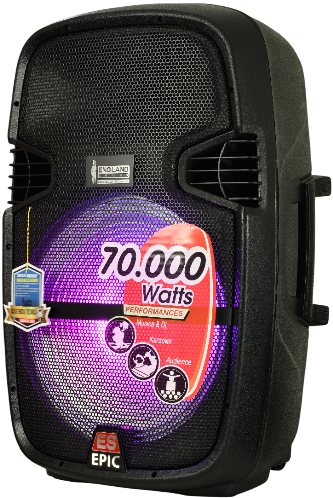 CAJA AMPLIFICADA 15 PULG., 130.000W PMOP,  BASS & TREBLE, ENTRADA 3.5, LUZ RGB, INCLUYE UN MICROFONO Y PEDESTAL