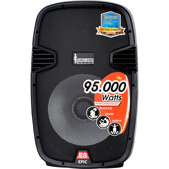 CAJA AMPLIFICADA 15 PULG., 95.000W PMOP, 1 MIC 1/4 Y XLR, EQ 5 BANDAS, ENTRADA  XLR, RCA, SALIDA XLRS Y SPEAKON INCLUYE MICROFONO Y PEDESTAL