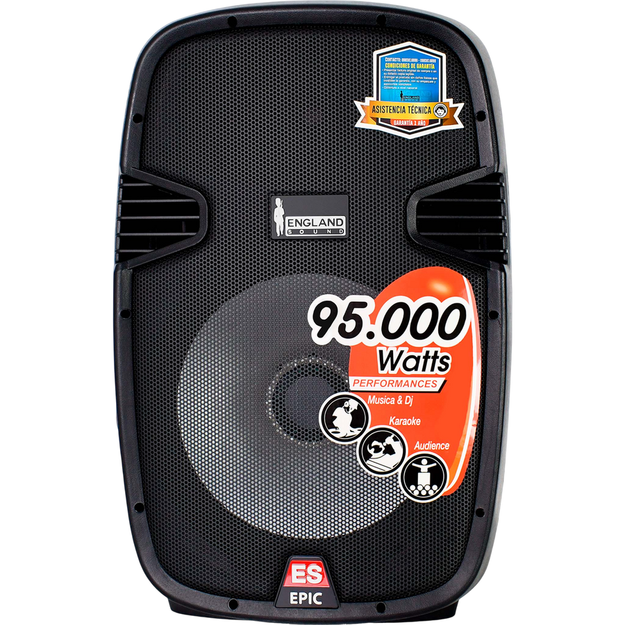 CAJA AMPLIFICADA 15 PULG., 95.000W PMOP, 1 MIC 1/4 Y XLR, EQ 5 BANDAS, ENTRADA  XLR, RCA, SALIDA XLRS Y SPEAKON INCLUYE MICROFONO Y PEDESTAL