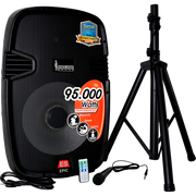 CAJA AMPLIFICADA 15 PULG., 95.000W PMOP, 1 MIC 1/4 Y XLR, EQ 5 BANDAS, ENTRADA  XLR, RCA, SALIDA XLRS Y SPEAKON INCLUYE MICROFONO Y PEDESTAL