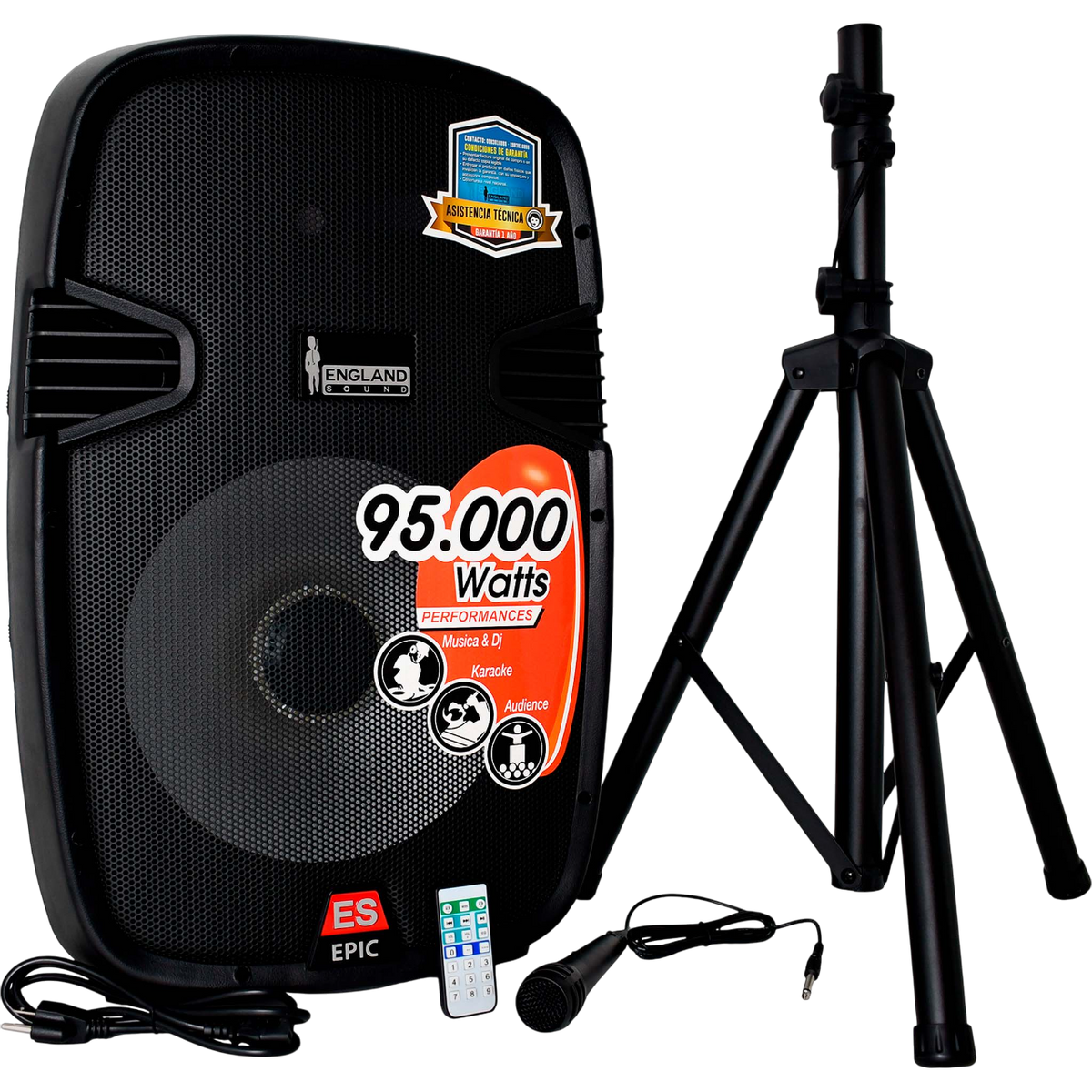 CAJA AMPLIFICADA 15 PULG., 95.000W PMOP, 1 MIC 1/4 Y XLR, EQ 5 BANDAS, ENTRADA  XLR, RCA, SALIDA XLRS Y SPEAKON INCLUYE MICROFONO Y PEDESTAL