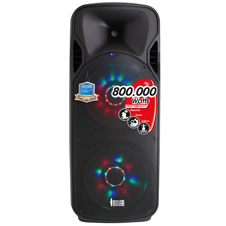 CAJA AMPLIFICADA 2X15 PULG., 800.000W PMOP, 2 MIC 1/4 Y XLR, EQ 5 BANDAS, ENTRADA  XLR, RCA, SALIDA XLRS Y SPEAKON INCLUYE MICROFONO