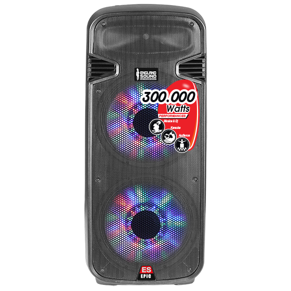CAJA AMPLIFICADA 2X15 PULG., 300.000W PMOP, BT, USB, SD, APP, INCLUYE UN MICROFONO