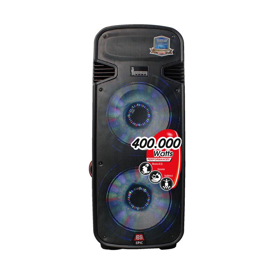 CAJA AMPLIFICADA 2X15 PULG., 400.000W PMOP, 2 MIC 1/4 Y XLR, EQ 5 BANDAS, ENTRADA  XLR, RCA, SALIDA XLRS Y SPEAKON INCLUYE MICROFONO