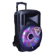 CAJA ACT. 15", 4 OHM 50 WATTS/ CON BATERIA 12V-4.5A / MP3/ USB/ SD/ PANTALLA LED/ BT/LUZ LED/ CONTROL REMOTO/ INCLUYE 2 MIC. INALAMBRICO VHF + SOPORTE