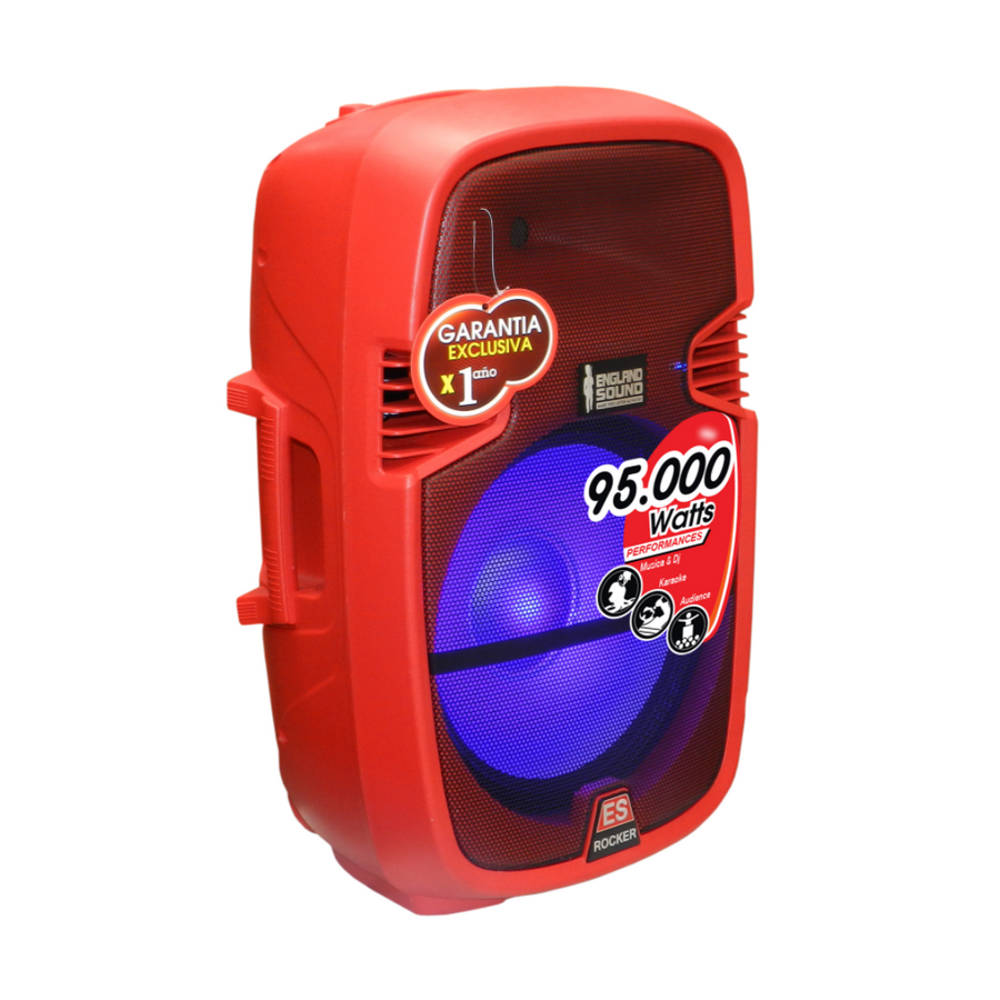 CAJA AMPLIFICADA 15 PULG. COLOR ROJO, 95.000W PMOP, 1 MIC 1/4 Y XLR, EQ 5 BANDAS, ENTRADA  XLR, RCA, SALIDA XLRS Y SPEAKON INCLUYE MICROFONO Y PEDESTAL