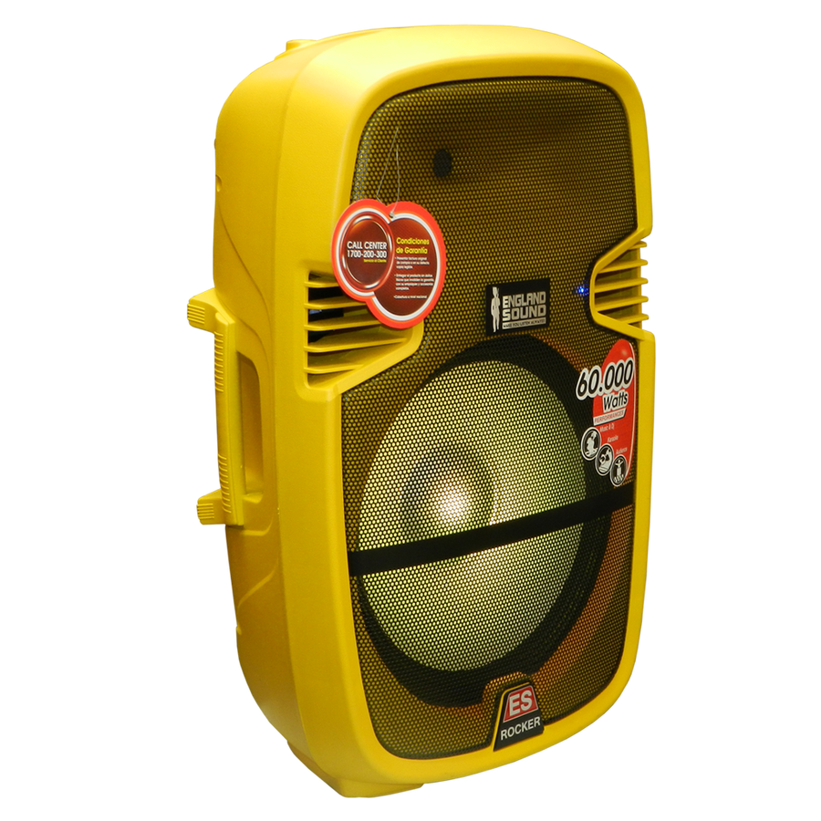 CAJA AMPLIFICADA 15 PULG. COLOR AMARILLO, 95.000W PMOP, 1 MIC 1/4 Y XLR, EQ 5 BANDAS, ENTRADA  XLR, RCA, SALIDA XLRS Y SPEAKON INCLUYE MICROFONO Y PEDESTAL