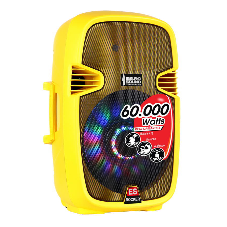 CAJA AMPLIFICADA 15 PULG. COLOR AMARILLO, 95.000W PMOP, 1 MIC 1/4 Y XLR, EQ 5 BANDAS, ENTRADA  XLR, RCA, SALIDA XLRS Y SPEAKON INCLUYE MICROFONO Y PEDESTAL