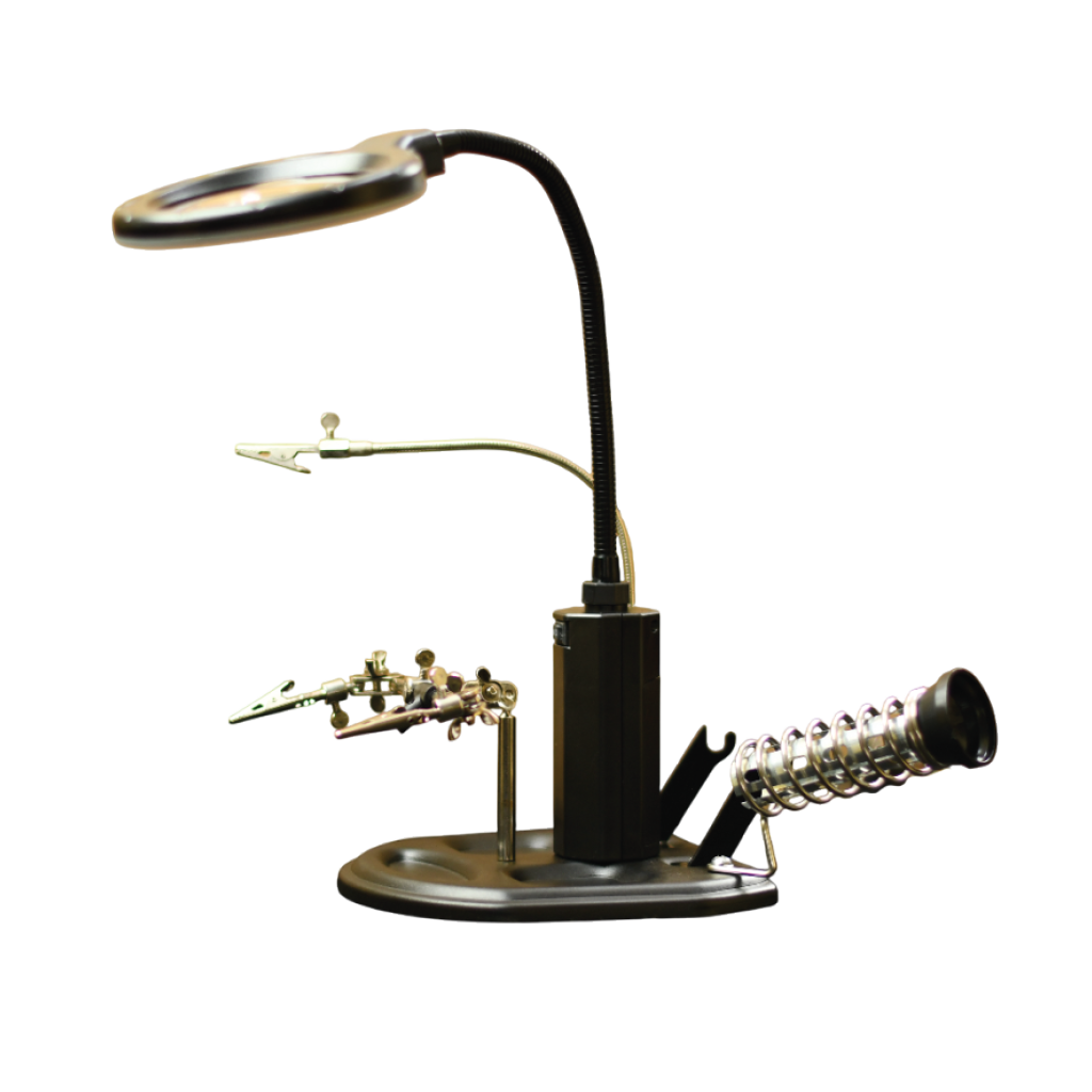 ESTACIÓN DE TRABAJO CON LUZ Y LUPA 3X/6X, LENTE GRANDE 85MM, LENTE PEQUEÑO 21MM MATERIAL ABS SOPORTA 4 BATERIAS AA