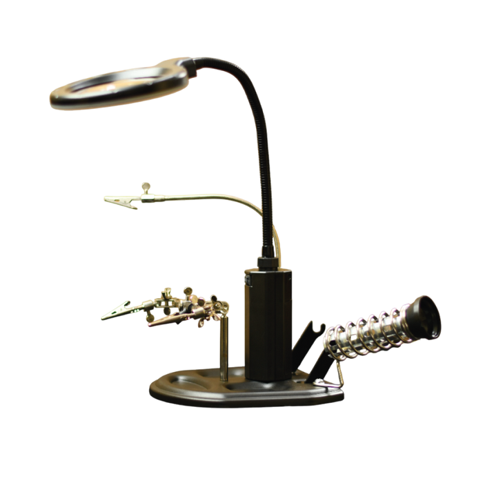 ESTACIÓN DE TRABAJO CON LUZ Y LUPA 3X/6X, LENTE GRANDE 85MM, LENTE PEQUEÑO 21MM MATERIAL ABS SOPORTA 4 BATERIAS AA