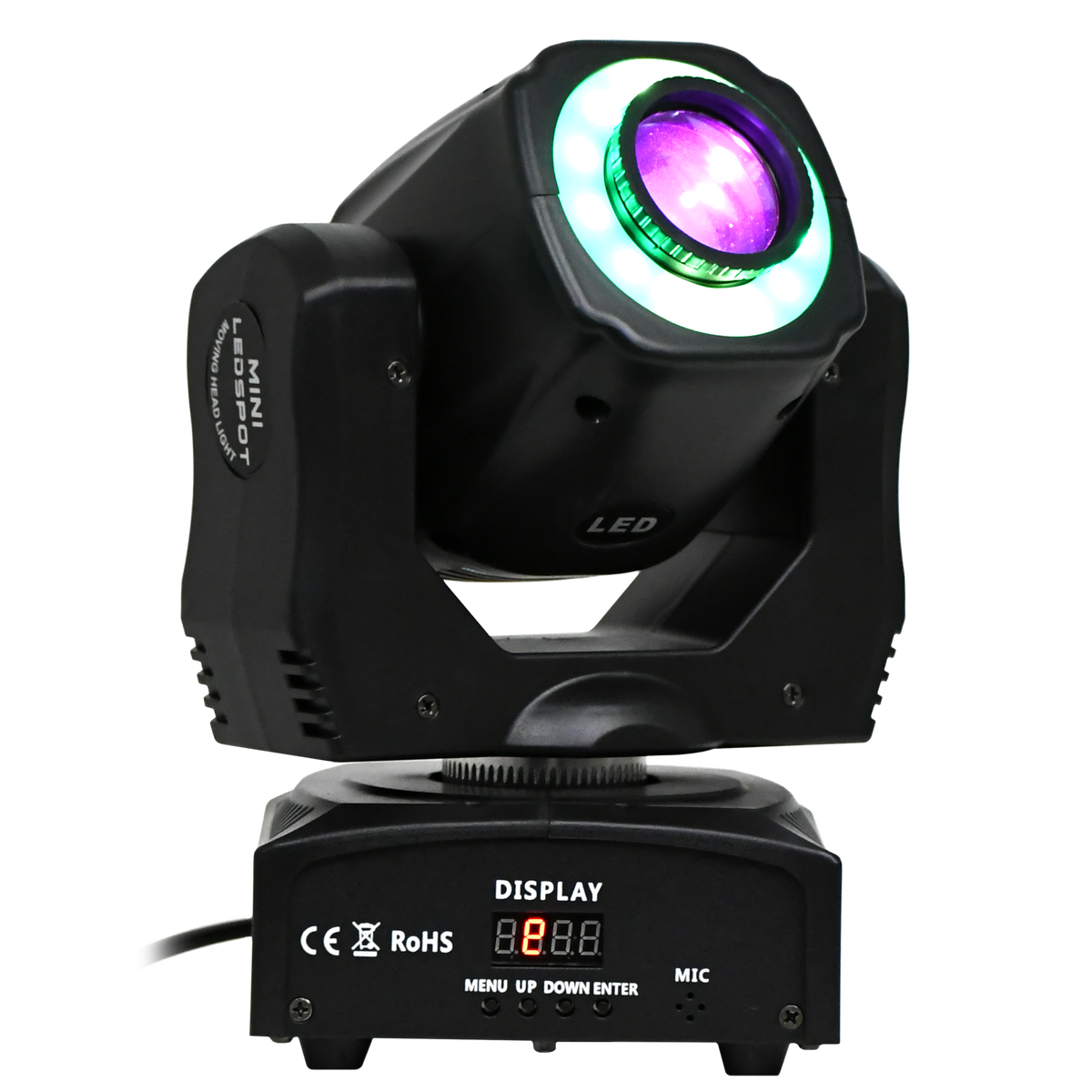 LUZ ROBOTICA CON RING LED, RGB, 7+1 GOBOS/12LED, 60W, EFECTO SPOT, 7+1 PATRONES, DMX-512 10/12CH