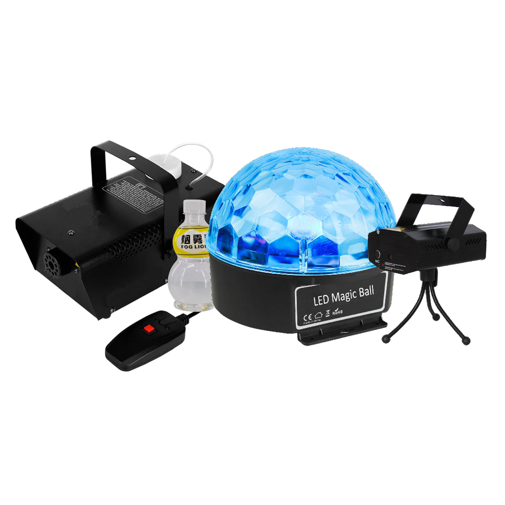 KIT DE LUCES, LASER Y CAMARA DE HUMO INCLUYE LIQUIDO DE HUMO