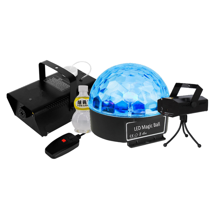 KIT DE LUCES, LASER Y CAMARA DE HUMO INCLUYE LIQUIDO DE HUMO
