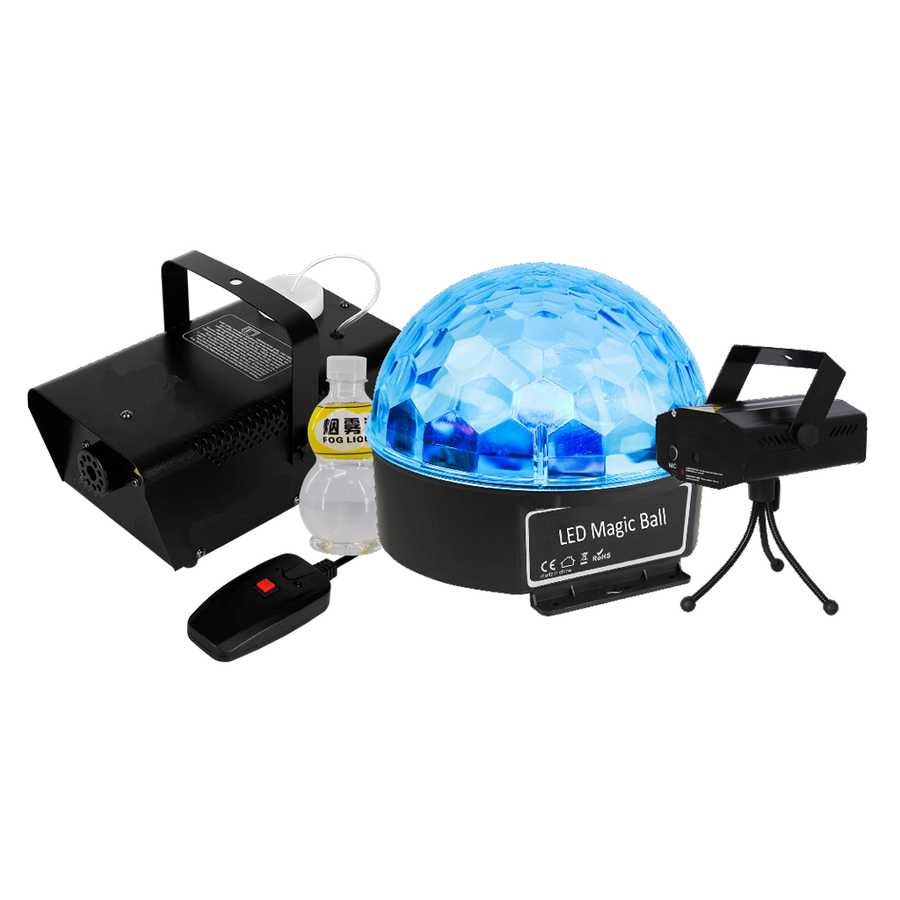 KIT DE LUCES, LASER Y CAMARA DE HUMO INCLUYE LIQUIDO DE HUMO