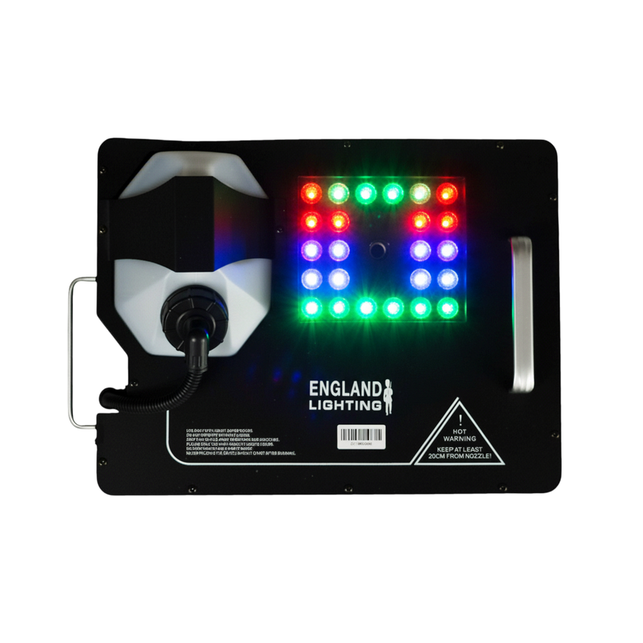 MAQUINA DE HUMO VERTICAL Y HORIZONTAL CON LUCES LED RGB, 1500W, 24LEDX3W, INCLUYE CONTROL REMOTO INALAMBRICO Y DE CABLE