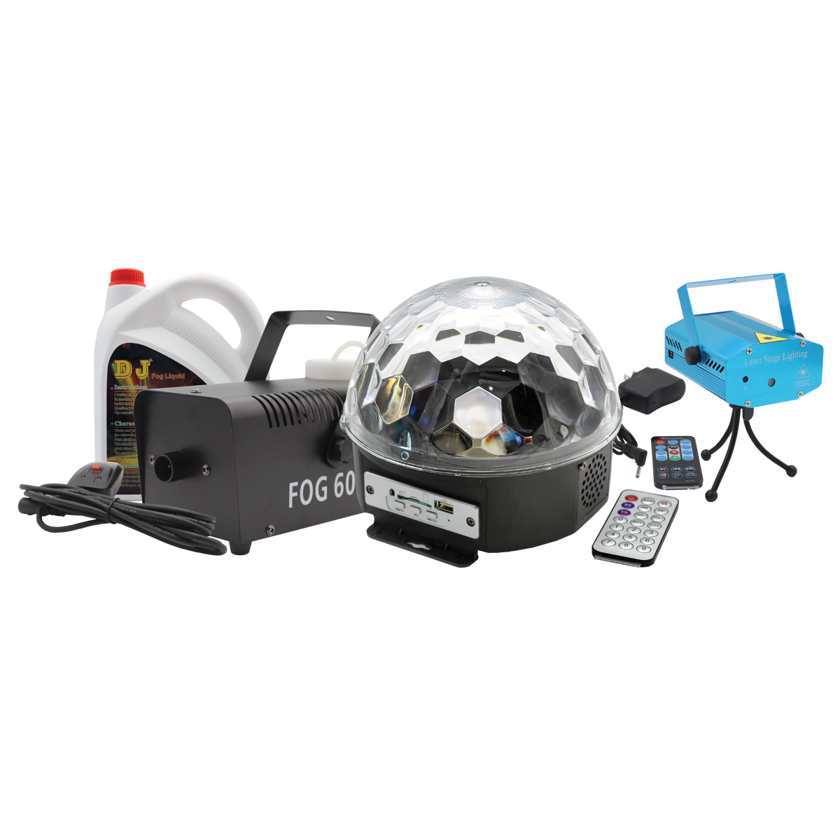 KIT DE LUCES, LASER Y CAMARA DE HUMO INCLUYE LIQUIDO DE HUMO