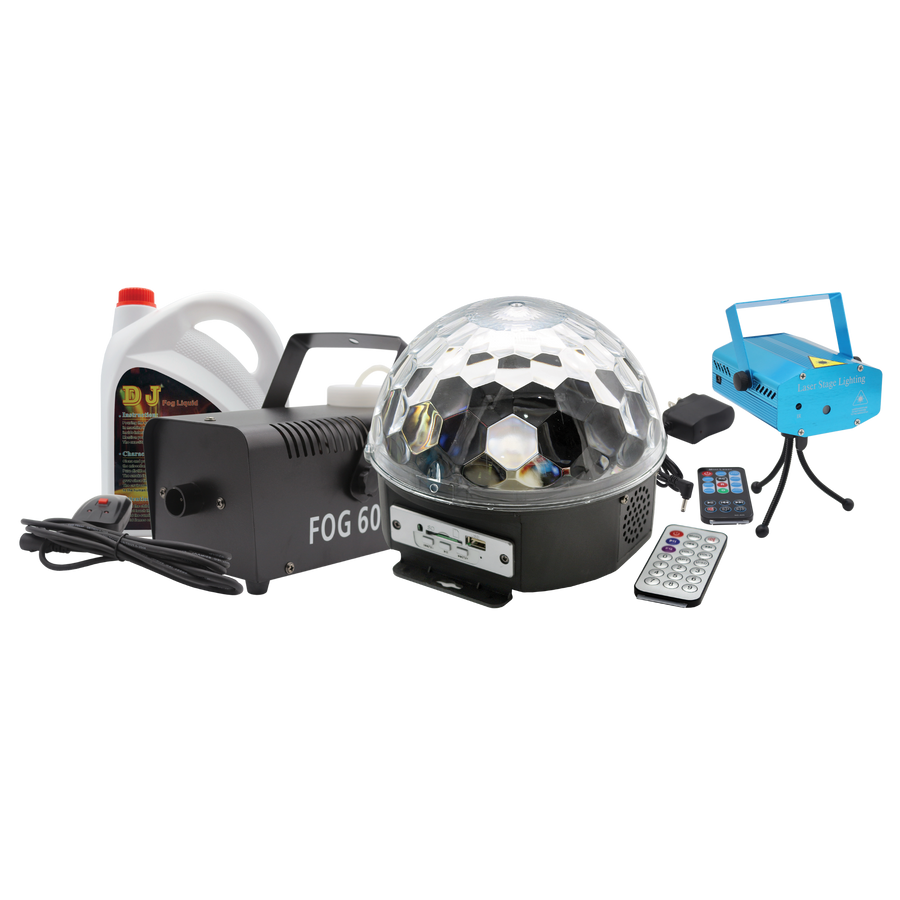 KIT DE LUCES, LASER Y CAMARA DE HUMO INCLUYE LIQUIDO DE HUMO