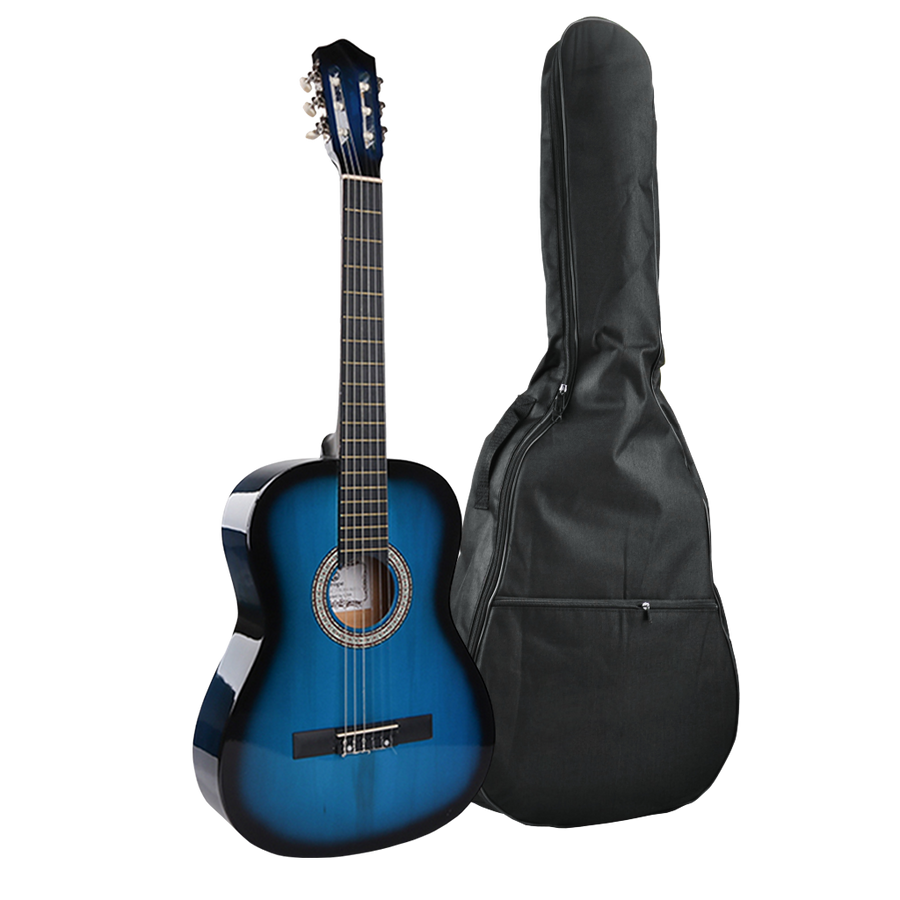 GUITARRA ELECTROCLASICA 39", COLOR AZUL, INCLUYE  BOLSO, SET DE CUERDAS, CAPO TRASTE, AFINADOR, CORREA, VITELA Y ENRROLLADOR DE CUERDAS