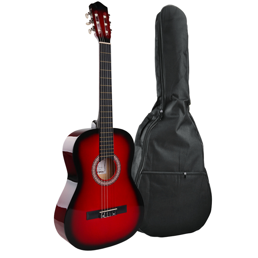 GUITARRA ELECTROCLASICA 39", COLOR ROJO, INCLUYE  BOLSO, SET DE CUERDAS, CAPO TRASTE, AFINADOR, CORREA, VITELA Y ENRROLLADOR DE CUERDAS
