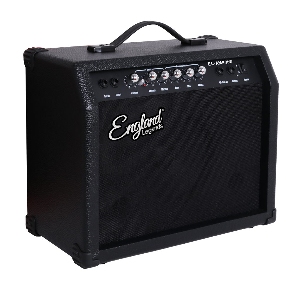 AMPLIFICADOR PARA GUITARRA ELECTRICA DE 30W, EQ BASS, MEDIO Y TREBLE, EFECTO DE DRIVE, 2 ENTRADAS JACK 6.3 MM, ENTRADA AUX Y AUDIFONOS