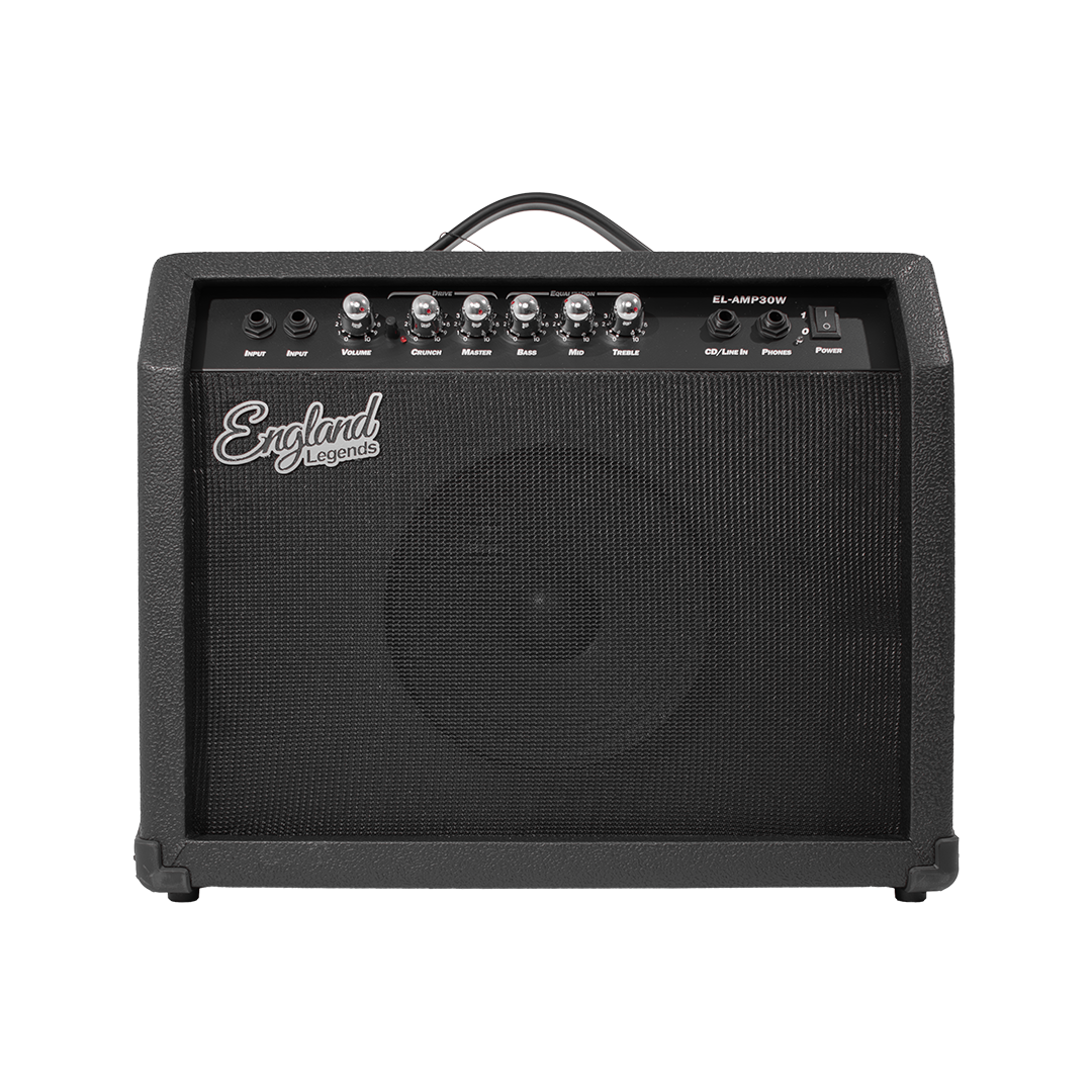 AMPLIFICADOR PARA GUITARRA ELECTRICA DE 30W, EQ BASS, MEDIO Y TREBLE, EFECTO DE DRIVE, 2 ENTRADAS JACK 6.3 MM, ENTRADA AUX Y AUDIFONOS