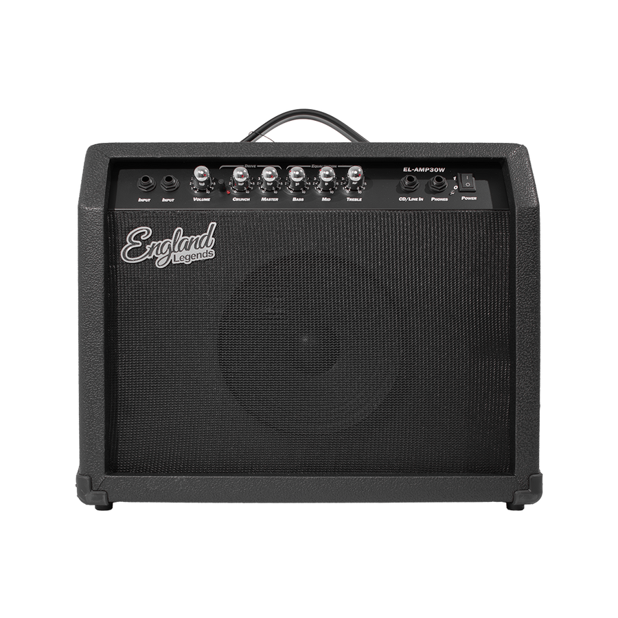 AMPLIFICADOR PARA GUITARRA ELECTRICA DE 30W, EQ BASS, MEDIO Y TREBLE, EFECTO DE DRIVE, 2 ENTRADAS JACK 6.3 MM, ENTRADA AUX Y AUDIFONOS