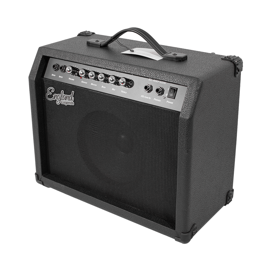 AMPLIFICADOR PARA GUITARRA ELECTRICA DE 30W, EQ BASS, MEDIO Y TREBLE, EFECTO DE DRIVE, 2 ENTRADAS JACK 6.3 MM, ENTRADA AUX Y AUDIFONOS