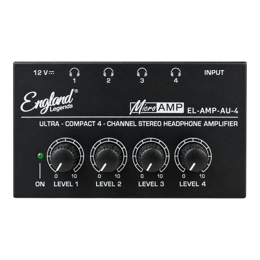 AMPLIFICADOR PARA AUDIFONO DE 4 CANALES, SALIDAS ESTEREOS, ENTRADA CONECTOR XLP/TRS DE ¼" CON MECANISMO DEBLOQUEO, LED DE ENCENDIDO