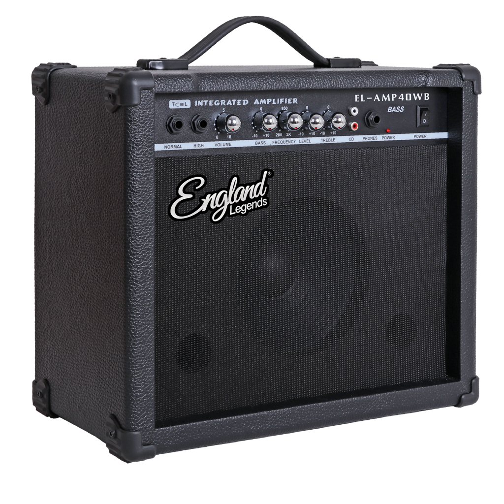 AMPLIFICADOR PARA BAJO ELECTRICO DE 40W, EQ BASS Y TREBLE, 2 ENTRADAS JACK 6.3 MM, ENTRADA AUX RCA Y AUDIFONOS