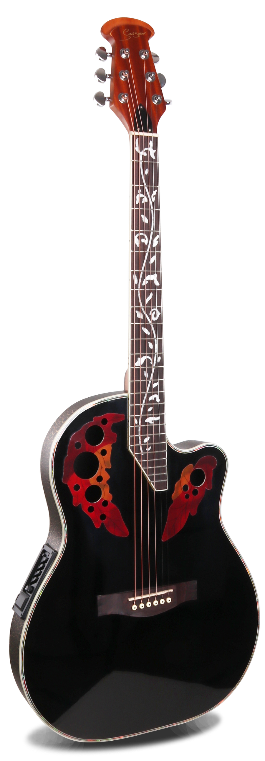 GUITARRA ELÉCTROACUSTCA COLOR NEGRO, MODELO OVATION ESCALA 41 PULG., TAPA ABETO, FONDO PLASTICO ABS, DIAPASON DE PALISANDRO