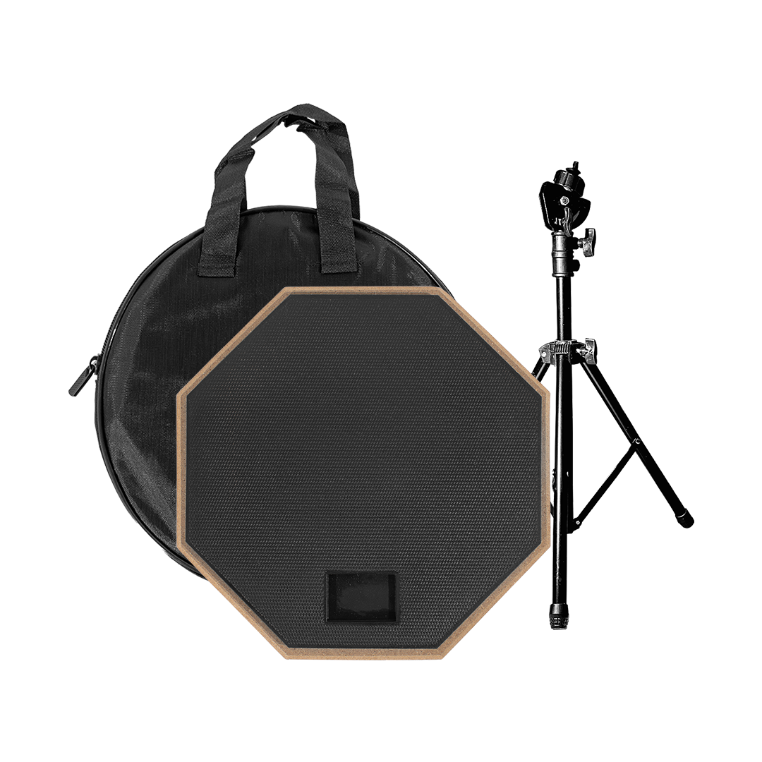 SET DE PRACTICA PARA PERCUSION, PAD 8" COLOR NEGRO, CAUCHO Y MADERA, INCLUYE BOLSO PARA PAD Y SOPORTE TRIPODE DE METAL COLOR NEGRO