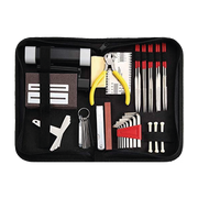 KIT DE HERRAMIENTAS PARA CALIBRAR GUITARRAS, INCLUYE PINZA DE CORTE, ENRROLLADOR DE CUERDAS, GALGAS, REGLA DE ALTURA DE CUERDAS, LIMAS, LIJA, PROTECTOR DE TRASTES