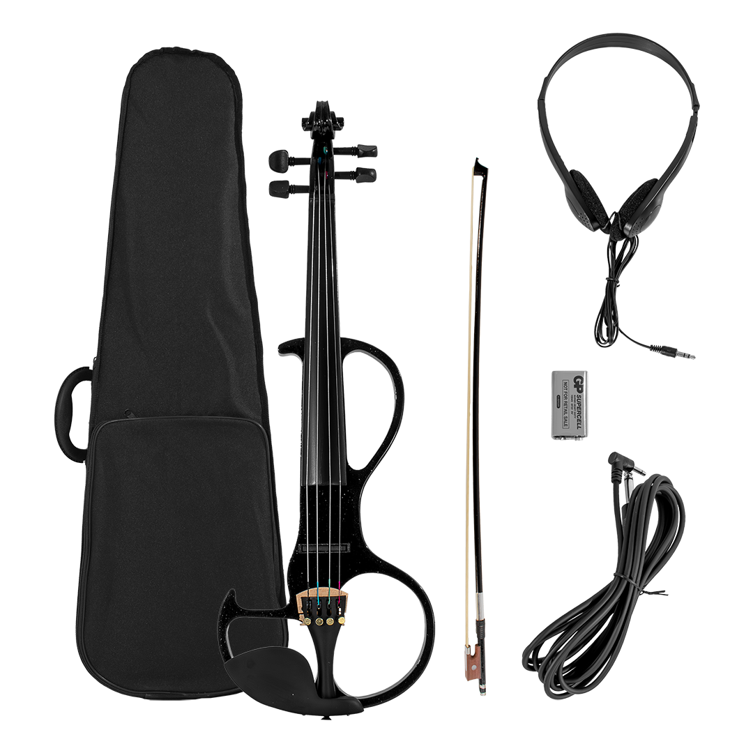 VIOLIN 4/4 ELECTRICO COLOR NEGRO, INCLUYE ESTUCHE, AUDIFONOS, CABLE Y BATERIA DE 9V, ARCO Y PERRUBIA