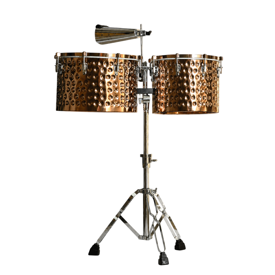 SET DE TIMBALES 14" - 15", INCLUYE SOPORTE Y CAMPANA DE 9" LP, PARCHES REMO