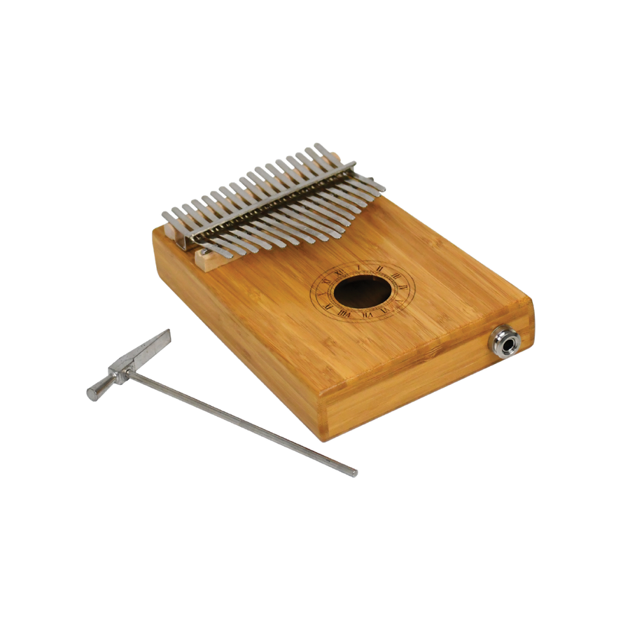 KALIMBA ELECTROACUSTICA DE CAOBA, DE  17 LLAVES, COLOR NATURAL, INCLUYE FUNDA Y MARTILLO PARA AFINAR, CABLE CON CONECTOR 1/4