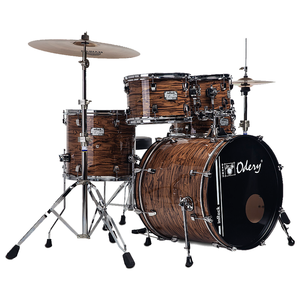 SET DE BATERIA ACUSTICA, SERIE IN ROCK, MADERA DE TILO, COLOR GOLD TIGER, PEDAL CON DOBLE CADENA, INCLUYE 3 PEDESTALES