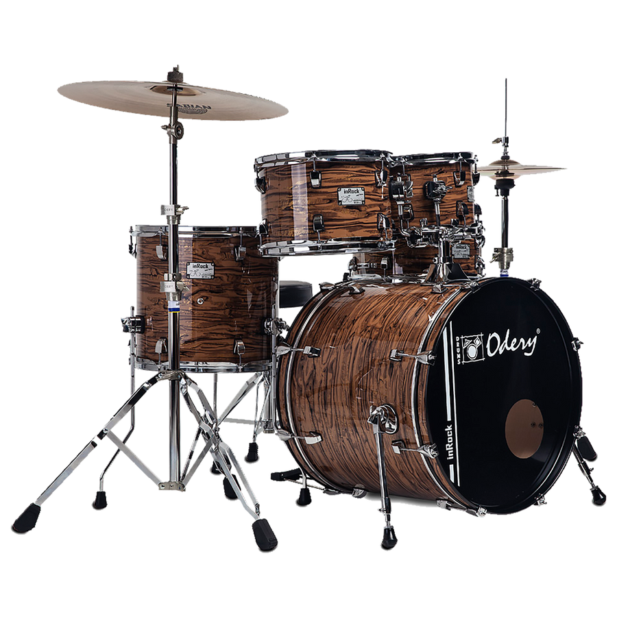 SET DE BATERIA ACUSTICA, SERIE IN ROCK, MADERA DE TILO, COLOR GOLD TIGER, PEDAL CON DOBLE CADENA, INCLUYE 3 PEDESTALES