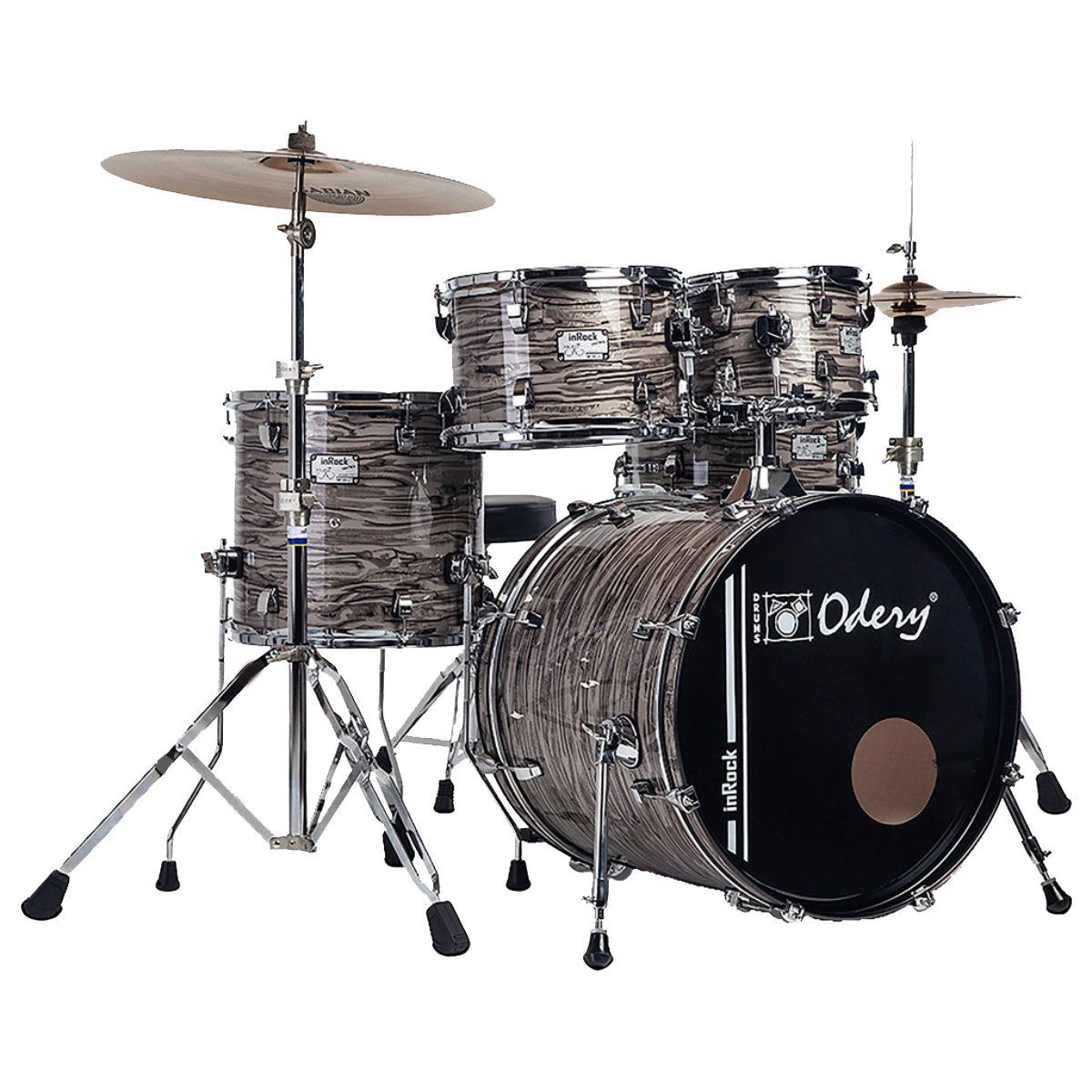 SET DE BATERIA ACUSTICA, SERIE IN ROCK, MADERA DE TILO, COLOR LUNAR TIGER, PEDAL CON DOBLE CADENA, INCUYE 3 PEDESTALES