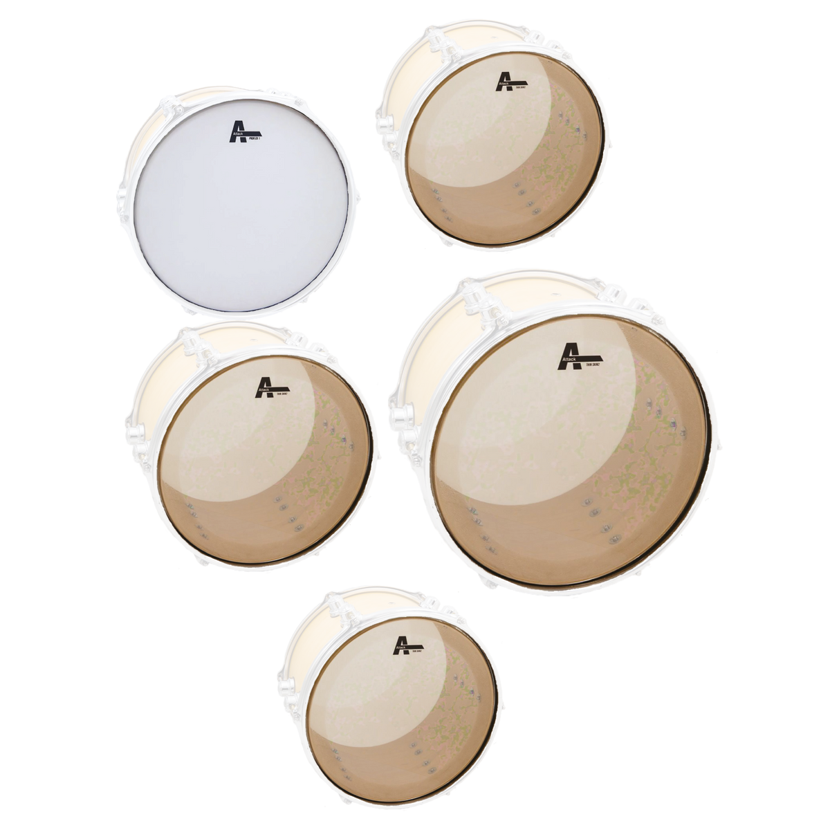 SET DE PARCHES 10",12",16", 22" DHA 1 CAPA TRANSPARENTE, 14" RUGOSO, PARA BATERIA