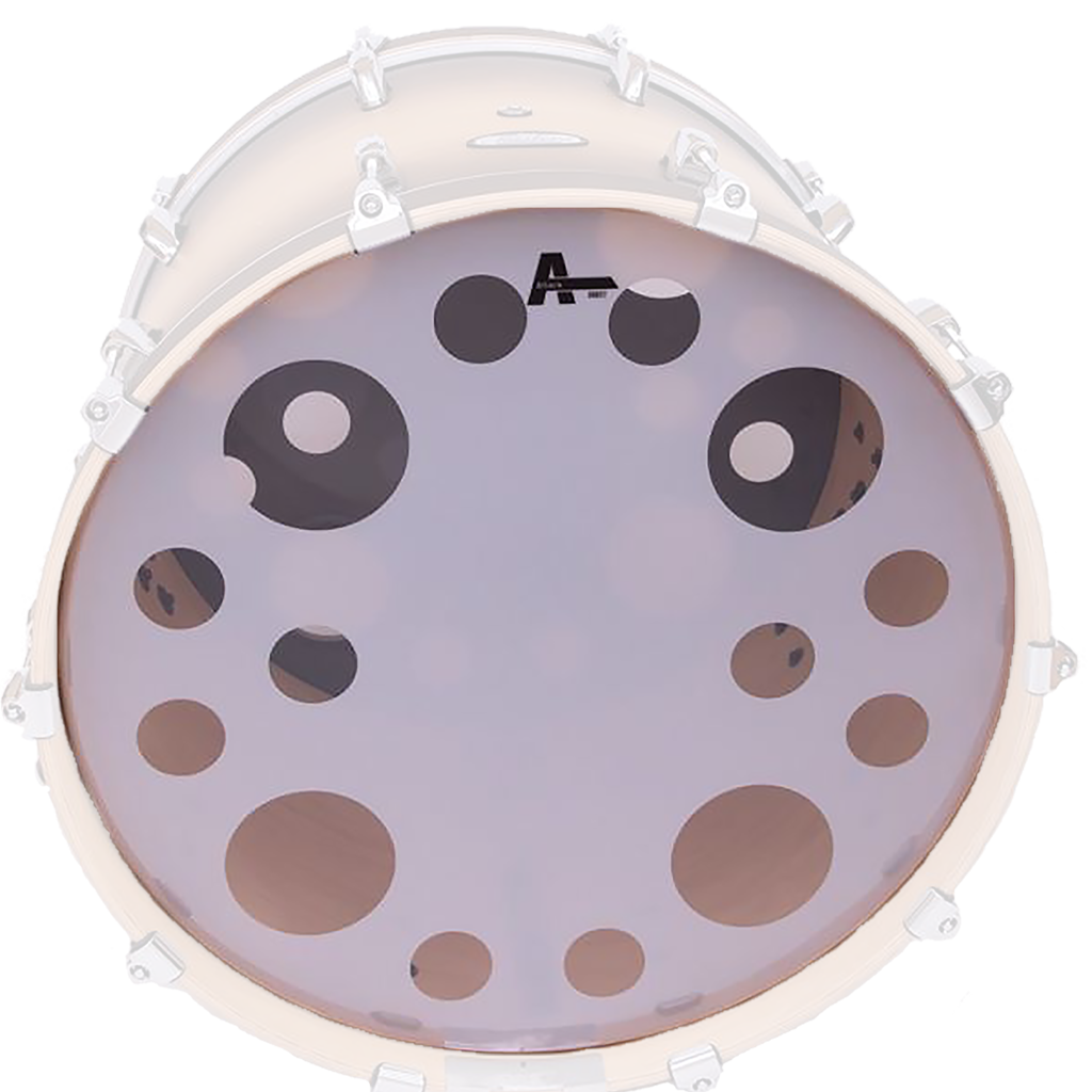 PARCHE 22" PARA BOMBO, CABEZAL DE IMPACTO, DOBLE CAPA DE  10 MIL., TRANSPARENTE / BLANCO CON APAGADOR DE ARMONICOS