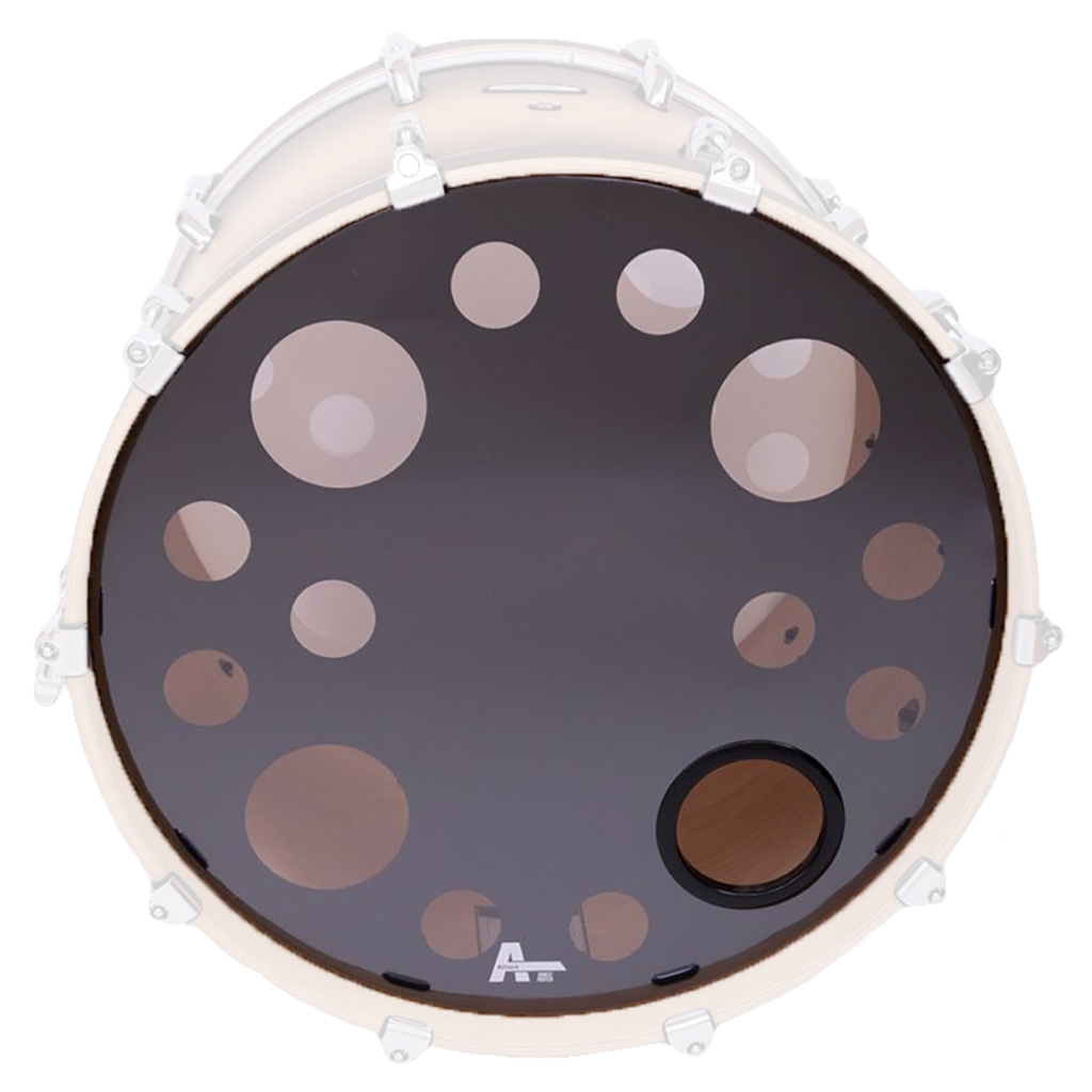 PARCHE 22" PARA BOMBO, CABEZAL FRONTAL, DOBLE CAPA DE 10 MIL., TRANSPARENTE / NEGRO CON APAGADOR DE ARMONICOS