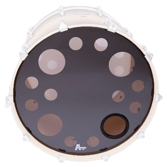 PARCHE 22" PARA BOMBO, CABEZAL FRONTAL, DOBLE CAPA DE 10 MIL., TRANSPARENTE / NEGRO CON APAGADOR DE ARMONICOS