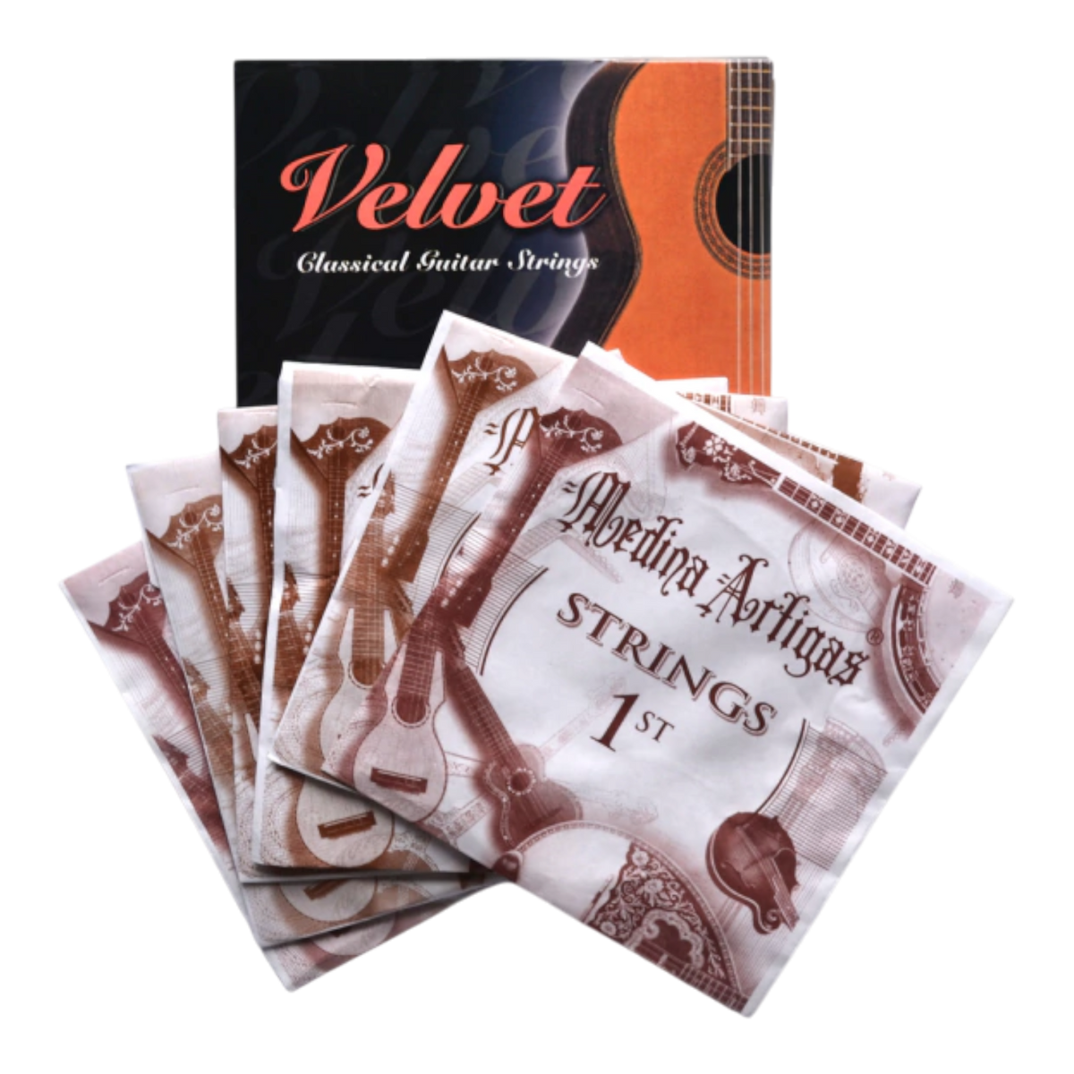 SET DE CUERDAS PARA GUITARRA CLASICA, TENSION MEDIA, VELVET, NYLON CRISTAL 1,2,3ra - 4,5,6 ENTORCHADO LISO