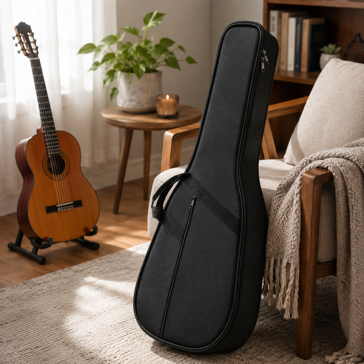 Estuche rigido para Guitarra Clásica de escala 39 PULG., madera recubierta de Polipropileno, color negro